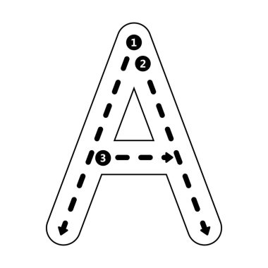 Alfabe harfi A 'nın izini sürmek, anaokulu için noktalı çizgi elementini önceden yazmak, el yazısı çalışması için anaokulu öğrencilerinin çalışma tablosu.