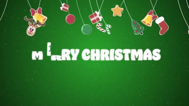 Зелений Фон Висячими Прикрасами Буксирування Веселого Різдвяного Тексту — стокове відео