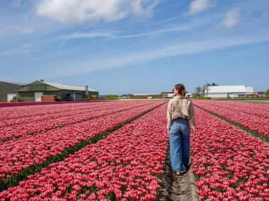 Gündelik giyinmiş bir kadın çiçek açan geniş tarlalarda yürür, güneşli ve aydınlık bir yaz gününün tadını çıkarır.