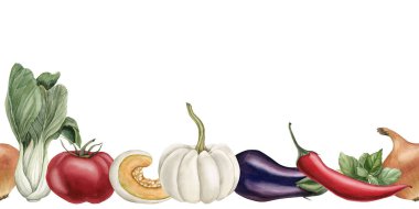 Taze renkli lezzetli sebzeler. Tasarım, afiş, poster, kart, ambalaj, duvar kâğıdı, kumaş, tekstil için beyaz arkaplan üzerine kusursuz el boyası çizimi.