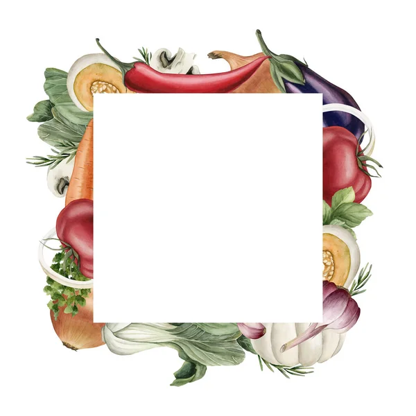 Frame with vegetables: pumpkin, eggplant, tomato, pepper, Bok Choy. mushrooms, carrot, garlic, basil. Watercolor illustration hand painted isolated on white background.