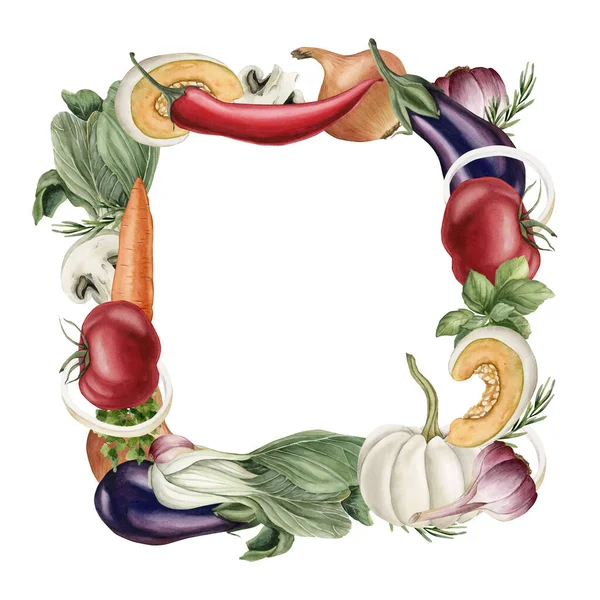 Frame with vegetables: pumpkin, eggplant, tomato, pepper, Bok Choy. mushrooms, carrot, garlic, basil. Watercolor illustration hand painted isolated on white background.