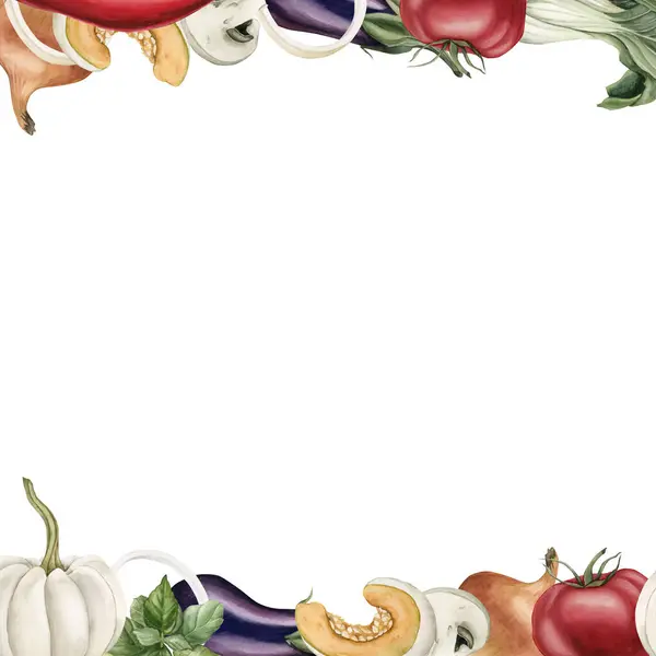 Quadro Com Verduras Abóbora Berinjela Tomate Pimentão Bok Choy Cogumelos — Fotografia de Stock