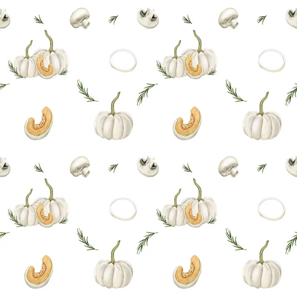 Watercolor seamless pattern with white pumpkins, mushrooms, onion rings and rosemary sprigs on white background. For use in design, fabric, textile, wallpaper, wrapping, gift boxes, greeting cards.