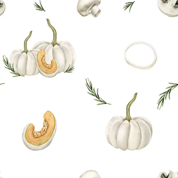 Watercolor seamless pattern with white pumpkins, mushrooms, onion rings and rosemary sprigs on white background. For use in design, fabric, textile, wallpaper, wrapping, gift boxes, greeting cards.