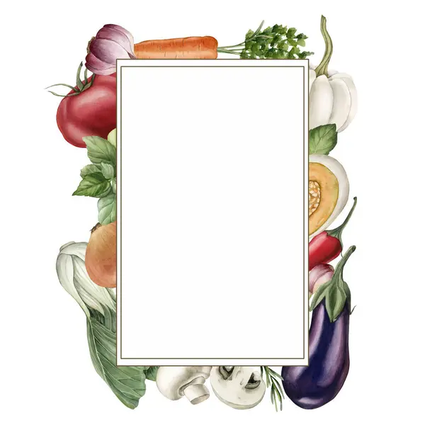 Rectangular vertical frame with vegetables. Watercolor illustration hand painted isolated on white background for design, poster, card, packaging, fabric, textile