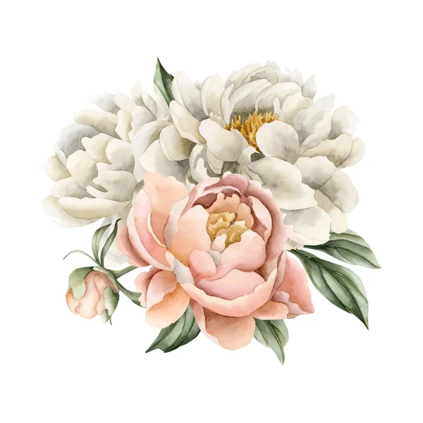 Composition of white and peach fuzz peony flowers, buds and green leaves. Floral watercolor illustration hand painted isolated on white background. Perfect for wedding invitations, greeting cards, wallpapers, wrappers, fabrics, floristics