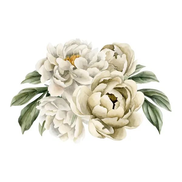 Composition of white and beige peony flowers, buds and green leaves. Floral watercolor illustration hand painted isolated on white background. Perfect for wedding invitations, greeting cards, wallpapers, wrappers, fabrics, floristics and web design.