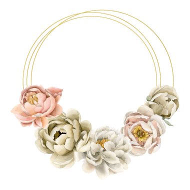 Beyaz bej bej renkli şeftali rengi çelenk şakayık çiçekleri, tomurcuklar ve yeşil yapraklar. Beyaz arka planda izole edilmiş çiçek suluboya el resmi. Düğün davetiyeleri ve tebrik kartları için mükemmel.