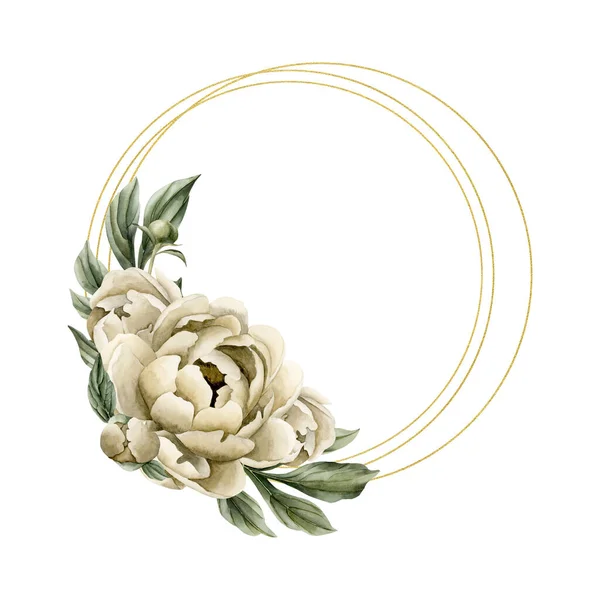 Wreath of beige peony flowers, buds and green leaves. Floral watercolor illustration hand painted isolated on white background. Perfect for wedding invitations, greeting cards, wallpapers, wrappers