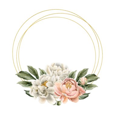 Beyaz bej bej renkli şeftali rengi çelenk şakayık çiçekleri, tomurcuklar ve yeşil yapraklar. Beyaz arka planda izole edilmiş çiçek suluboya el resmi. Düğün davetiyeleri ve tebrik kartları için mükemmel.