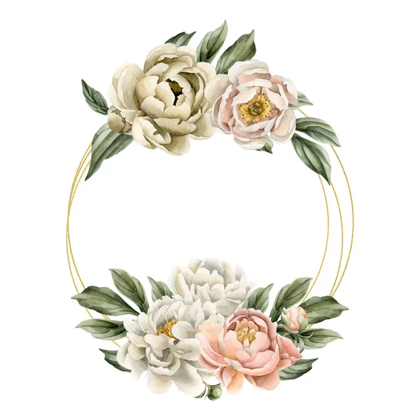 Wreath of white beige peach fuzz peony flowers, buds and green leaves. Floral watercolor illustration hand painted isolated on white background. Perfect for wedding invitations, greeting cards