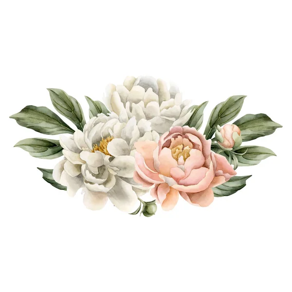 Composition of white and peach fuzz peony flowers, buds and green leaves. Floral watercolor illustration hand painted isolated on white background. Perfect for wedding invitations, greeting cards