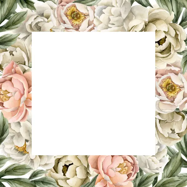 Square frame of white beige peach fuzz peony flowers, buds and green leaves. Floral watercolor illustration hand painted isolated on white background. Perfect for wedding invitations, greeting cards