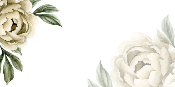 Horizontal card with beige peony flower and green leaves. Floral watercolor illustration hand painted isolated on white background. Perfect for wedding invitations, greeting cards, wallpapers