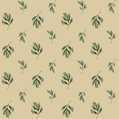 Açık bej arka planda yeşil şakayık yapraklı, dikişsiz çiçekli suluboya deseni. Tasarım, kumaş, tekstil, yapıştırma kitabı, duvar kağıdı, ambalaj kağıdı, hediye kutuları, tebrik kartları, arka plan.
