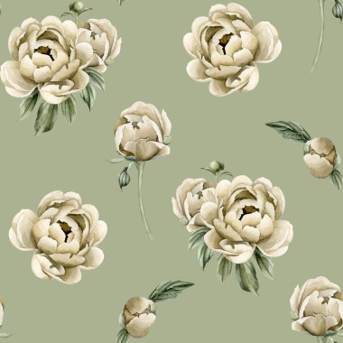 Gri yeşil arka planda bej renkli şakayık çiçekleri, tomurcukları ve yeşil yaprakları olan çiçeksiz suluboya deseni. Tasarım, kumaş, tekstil, yapıştırma kitabı, duvar kağıdı, ambalaj kağıdı, hediye kutuları, tebrik kartları, arka plan.