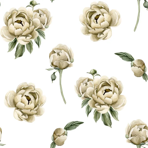 ベージュの花 緑の葉を白い背景にした花の水彩のシームレスなパターン スクラップブッキング 包むパッパー ギフト用の箱 挨拶カード 背景の使用のため — ストック写真