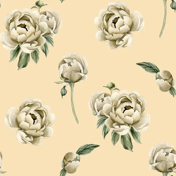 Blommig Akvarell Sömlös Mönster Med Beige Pion Blommor Knoppar Och — Stockfoto