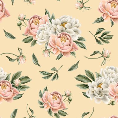 Beyaz ve şeftali rengi şakayık çiçekleri, tomurcukları ve açık pembe arka planda yeşil yaprakları olan çiçeksiz suluboya deseni. Tasarım, kumaş, tekstil, yapıştırma kitabı, duvar kağıdı, ambalaj kağıdı, hediye kutuları, tebrik kartları, arka plan.