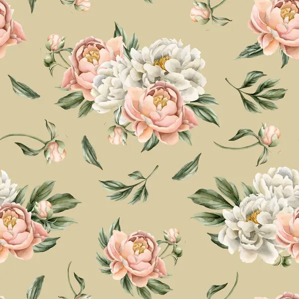 Floral Watercolor Seamless Pattern White Peach Fuzz Peony Flowers Buds — Stock Photo, Image