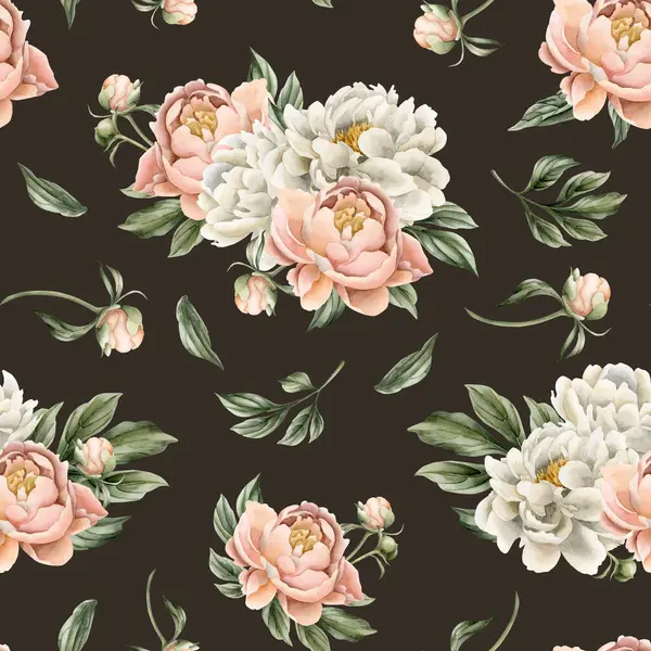 Floral watercolor seamless pattern with white and peach fuzz peony flowers, buds and green leaves on dark background. For use in design, fabric, textile, scrapbooking, wallpaper, wrapping papper, gift boxes, greeting cards, background.