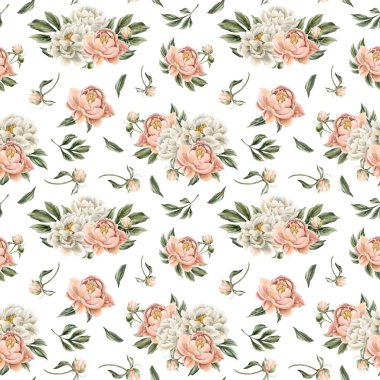 Beyaz ve şeftali rengi şakayık çiçekleri, tomurcuklar ve beyaz arka planda yeşil yapraklarla sulu boya deseni. Tasarım, kumaş, tekstil, yapıştırma kitabı, duvar kağıdı, ambalaj kağıdı, hediye kutuları, tebrik kartları, arka plan.