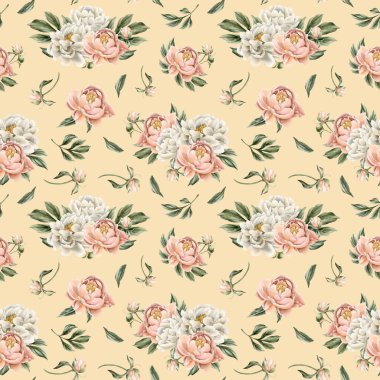 Beyaz ve şeftali rengi şakayık çiçekleri, tomurcukları ve açık pembe arka planda yeşil yaprakları olan çiçeksiz suluboya deseni. Tasarım, kumaş, tekstil, yapıştırma kitabı, duvar kağıdı, ambalaj kağıdı, hediye kutuları, tebrik kartları, arka plan.