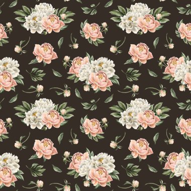 Beyaz ve şeftali rengi şakayık çiçekleri, tomurcukları ve koyu arkaplanda yeşil yaprakları olan dikişsiz çiçek deseni. Tasarım, kumaş, tekstil, yapıştırma kitabı, duvar kağıdı, ambalaj kağıdı, hediye kutuları, tebrik kartları, arka plan.