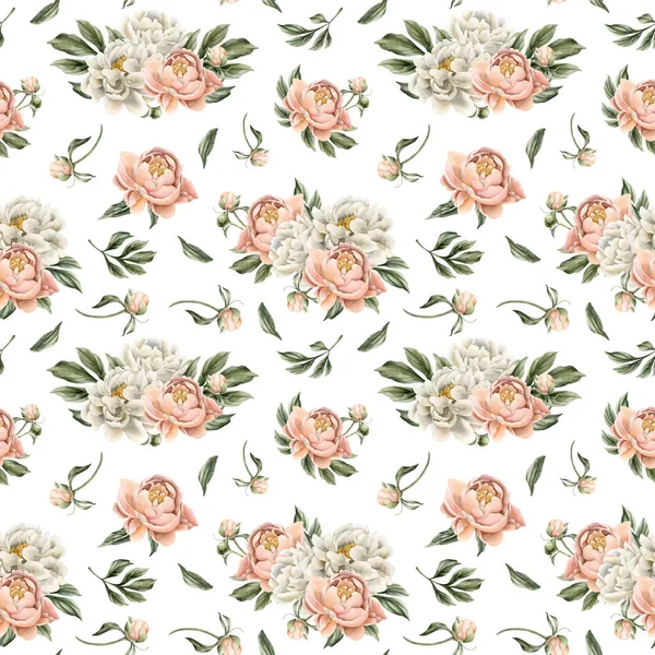 Floral watercolor seamless pattern with white and peach fuzz peony flowers, buds and green leaves on white background. For use in design, fabric, textile, scrapbooking, wallpaper, wrapping papper, gift boxes, greeting cards, background.