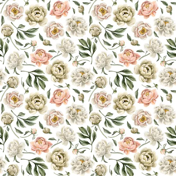 Floral watercolor seamless pattern with white beige and peach fuzz peony flowers, buds and green leaves on white background. For use in design, fabric, textile, scrapbooking, wallpaper, wrapping papper, gift boxes, greeting cards, background.