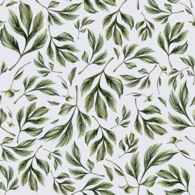 Açık mavi arka planda yeşil şakayık yaprakları olan dikişsiz çiçek suluboya deseni. Tasarım, kumaş, tekstil, yapıştırma kitabı, duvar kağıdı, ambalaj kağıdı, hediye kutuları, tebrik kartları, arka plan.