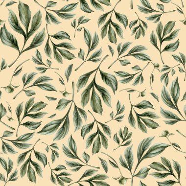 Açık pembe arka planda yeşil şakayık yaprakları olan dikişsiz çiçekli suluboya deseni. Tasarım, kumaş, tekstil, yapıştırma kitabı, duvar kağıdı, ambalaj kağıdı, hediye kutuları, tebrik kartları, arka plan.