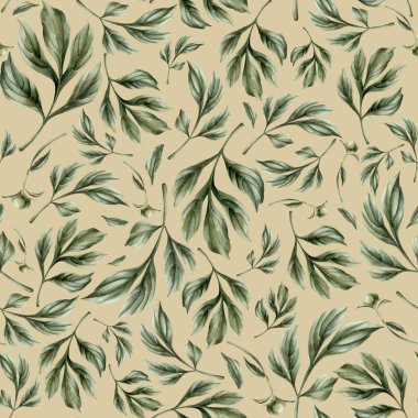 Açık bej arka planda yeşil şakayık yapraklı, dikişsiz çiçekli suluboya deseni. Tasarım, kumaş, tekstil, yapıştırma kitabı, duvar kağıdı, ambalaj kağıdı, hediye kutuları, tebrik kartları, arka plan.
