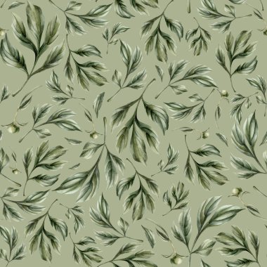 Gri yeşil arka planda yeşil şakayık yaprakları olan dikişsiz çiçekli suluboya deseni. Tasarım, kumaş, tekstil, yapıştırma kitabı, duvar kağıdı, ambalaj kağıdı, hediye kutuları, tebrik kartları, arka plan.