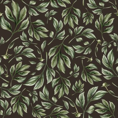 Koyu arkaplanda yeşil şakayık yaprakları olan dikişsiz çiçekli suluboya deseni. Tasarım, kumaş, tekstil, yapıştırma kitabı, duvar kağıdı, ambalaj kağıdı, hediye kutuları, tebrik kartları, arka plan.