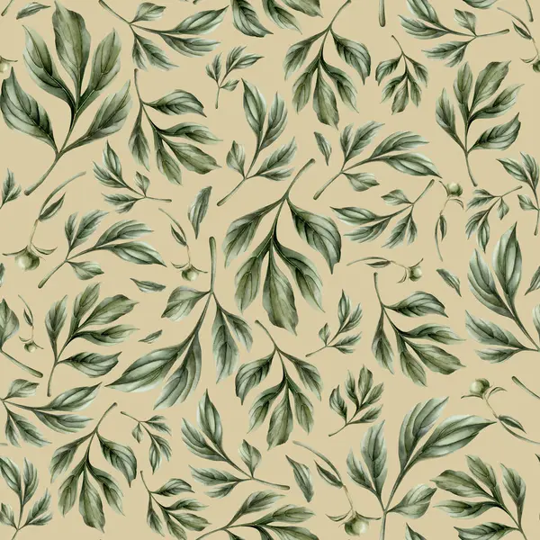 Açık bej arka planda yeşil şakayık yapraklı, dikişsiz çiçekli suluboya deseni. Tasarım, kumaş, tekstil, yapıştırma kitabı, duvar kağıdı, ambalaj kağıdı, hediye kutuları, tebrik kartları, arka plan.