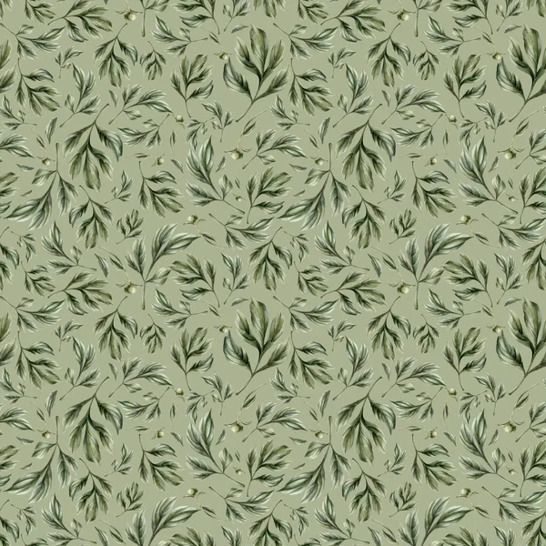 Floral watercolor seamless pattern with green peony leaves on grey green background. For use in design, fabric, textile, scrapbooking, wallpaper, wrapping papper, gift boxes, greeting cards, background.