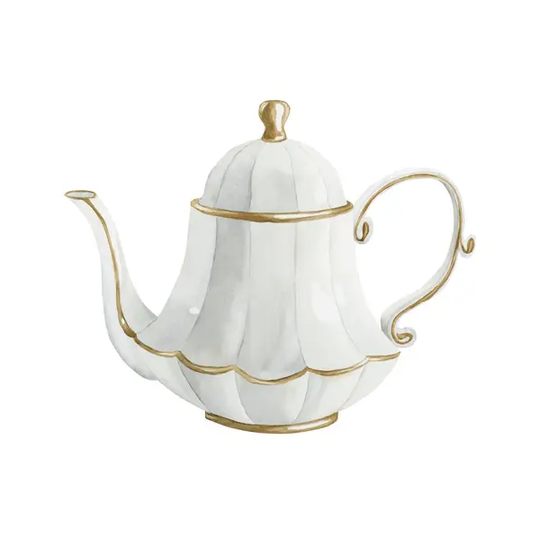 Altın Yaldızlı Victoria Tarzı Beyaz Porselen Çaydanlık Beyaz Arka Planda — Stok fotoğraf