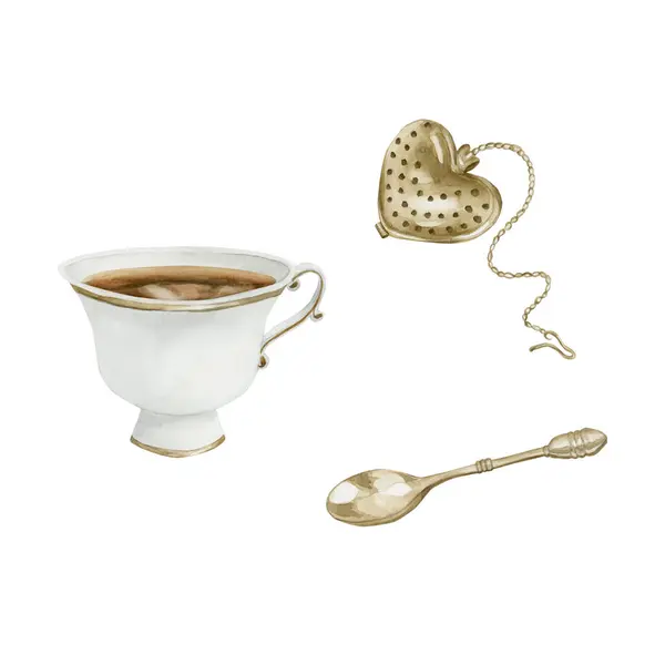 Altın Yaldızlı Çay Fincanı Altın Rengi Çay Süzgeci Zincir Kaşık — Stok fotoğraf