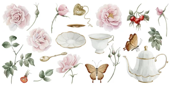 Ensemble Fleurs Hanche Rose Baies Feuilles Porcelaine Teaware Papillons Aquarelle — Photo