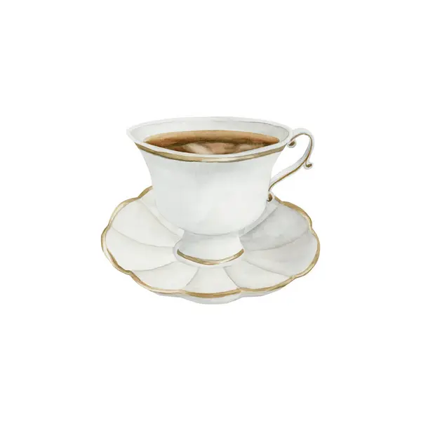 Beyaz Porselen Çay Fincanı Altın Yaldızlı Çay Tabağı Viktorya Tarzı — Stok fotoğraf