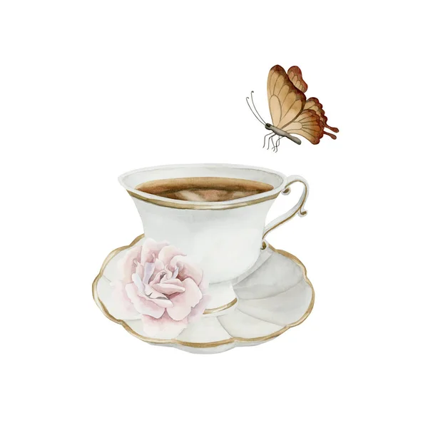 Beyaz Porselen Çay Fincanı Yaldızlı Çay Tabağı Pembe Gül Kalça — Stok fotoğraf