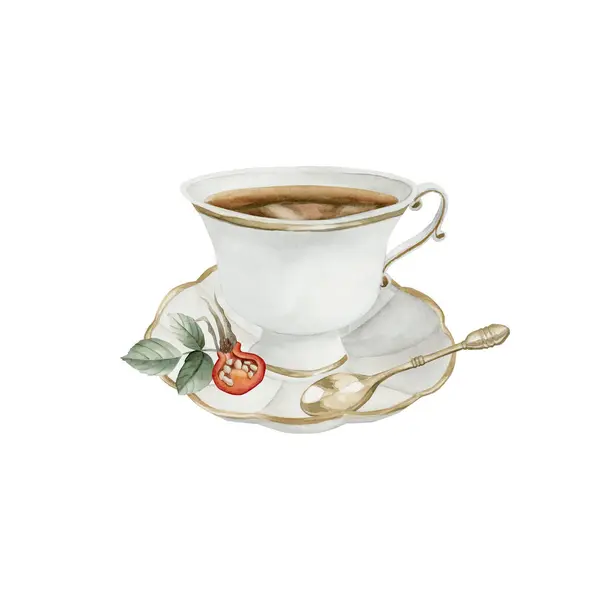 Beyaz Porselen Çay Fincanı Yaldızlı Çay Kaşığı Yapraklı Gül Böğürtlen — Stok fotoğraf