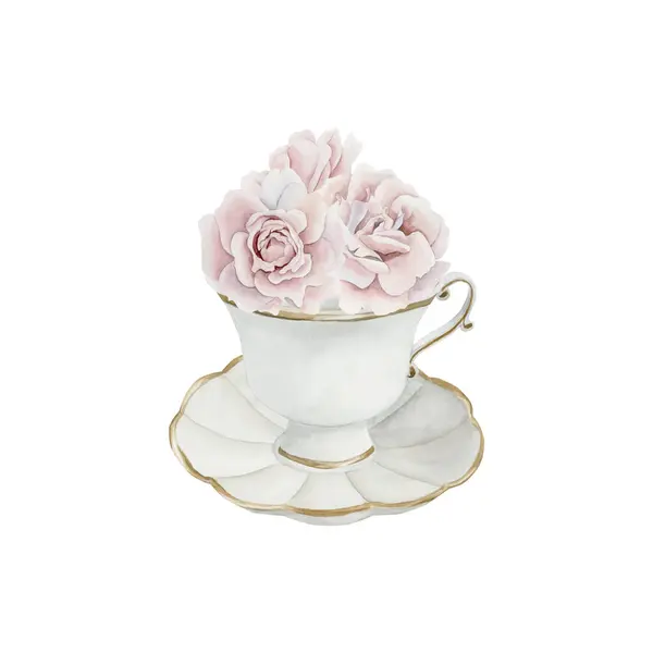 Beyaz Porselen Çay Fincanı Yaldızlı Kenarlı Çay Tabağı Pembe Gül — Stok fotoğraf
