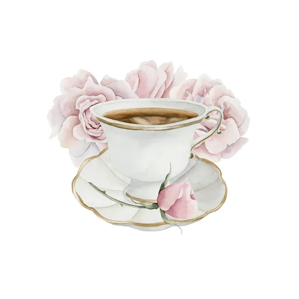 Beyaz Porselen Çay Fincanı Yaldızlı Kenarlı Çay Tabağı Pembe Gül — Stok fotoğraf