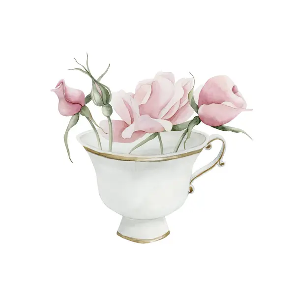 Pembe Kalça Çiçekleri Tomurcukları Olan Yaldızlı Kenarlı Beyaz Porselen Çay — Stok fotoğraf