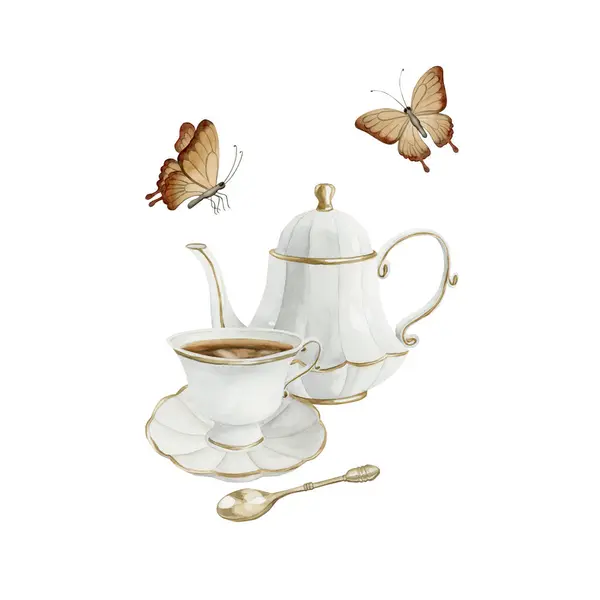 Beyaz Porselen Çaydanlık Çay Fincanı Altın Kaplama Çay Kaşığı Kelebekli — Stok fotoğraf