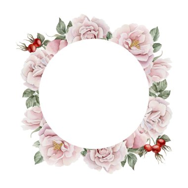 Tomurcuklu, yapraklı ve böğürtlenli pembe gül çiçeği çelengi. Beyaz arka planda izole edilmiş çiçek suluboya el resmi. Davetiyeler için mükemmel, tebrik kartları, posterler, etiketler, duvar kağıtları, ambalajlar, kumaşlar, tekstil