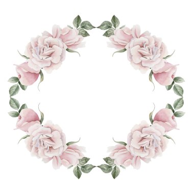 Yapraklı pembe gül kalça çiçeği çerçevesi, Victoria tarzı gül. Beyaz arka planda izole edilmiş çiçek suluboya el resmi. Davetiyeler için mükemmel, tebrik kartları, posterler, etiketler, duvar kağıtları, ambalajlar, kumaşlar, tekstil